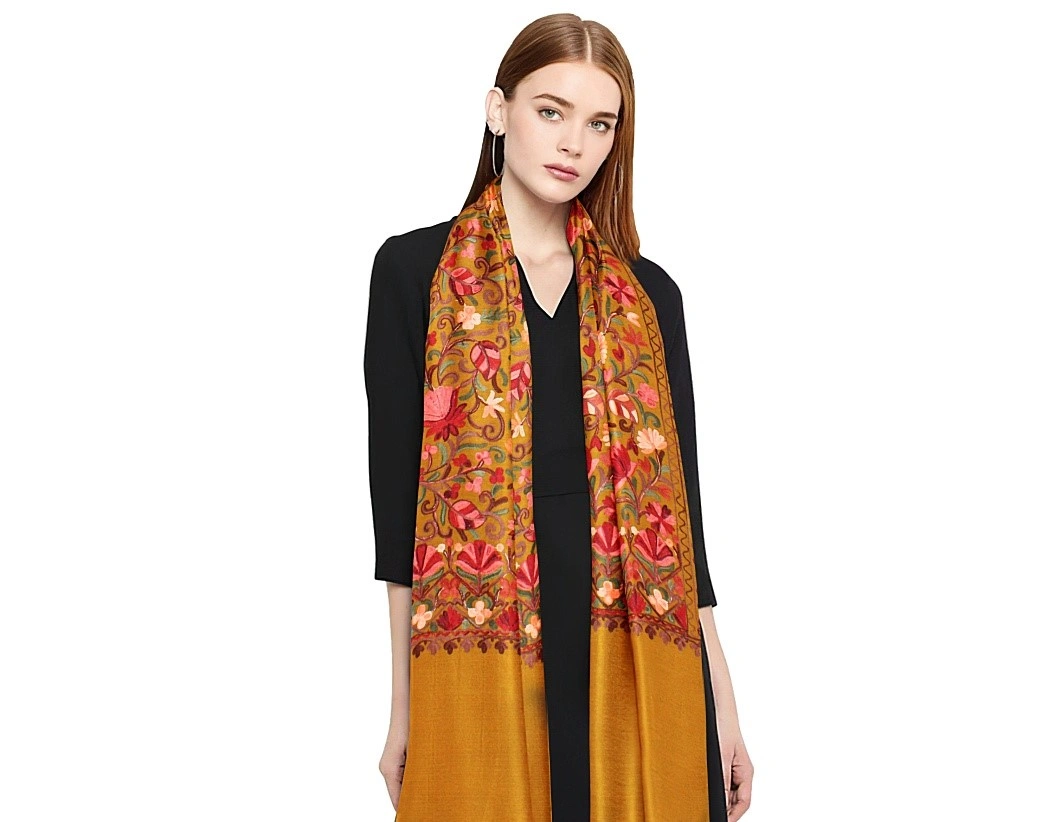 CASMIR Women MUSTARD &amp; RED,  Green Embroidered STOLE (S902)-S902-MUSTARD