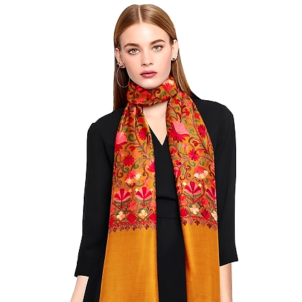 CASMIR Women MUSTARD &amp; RED,  Green Embroidered STOLE (S902)-MUSTARD-3