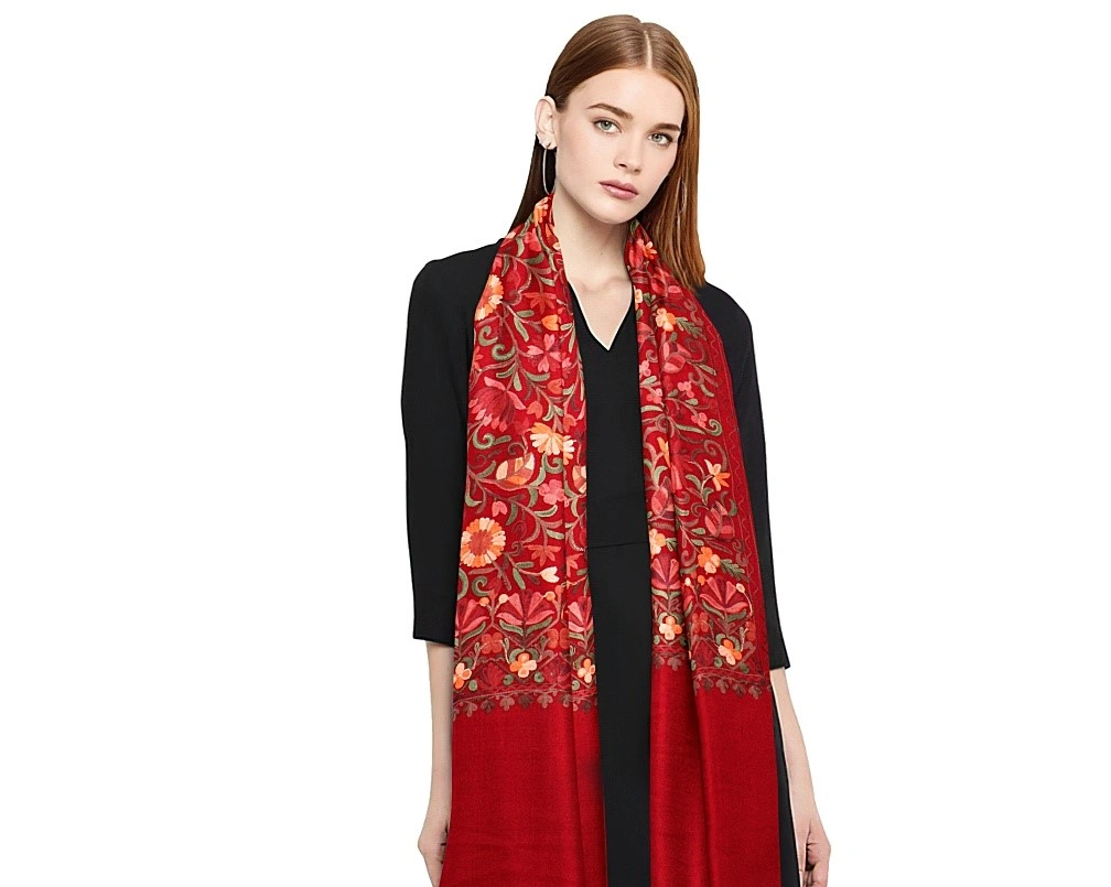 CASMIR Women MAROON &amp; RED,  Green Embroidered STOLE (S902)-MAROON-2