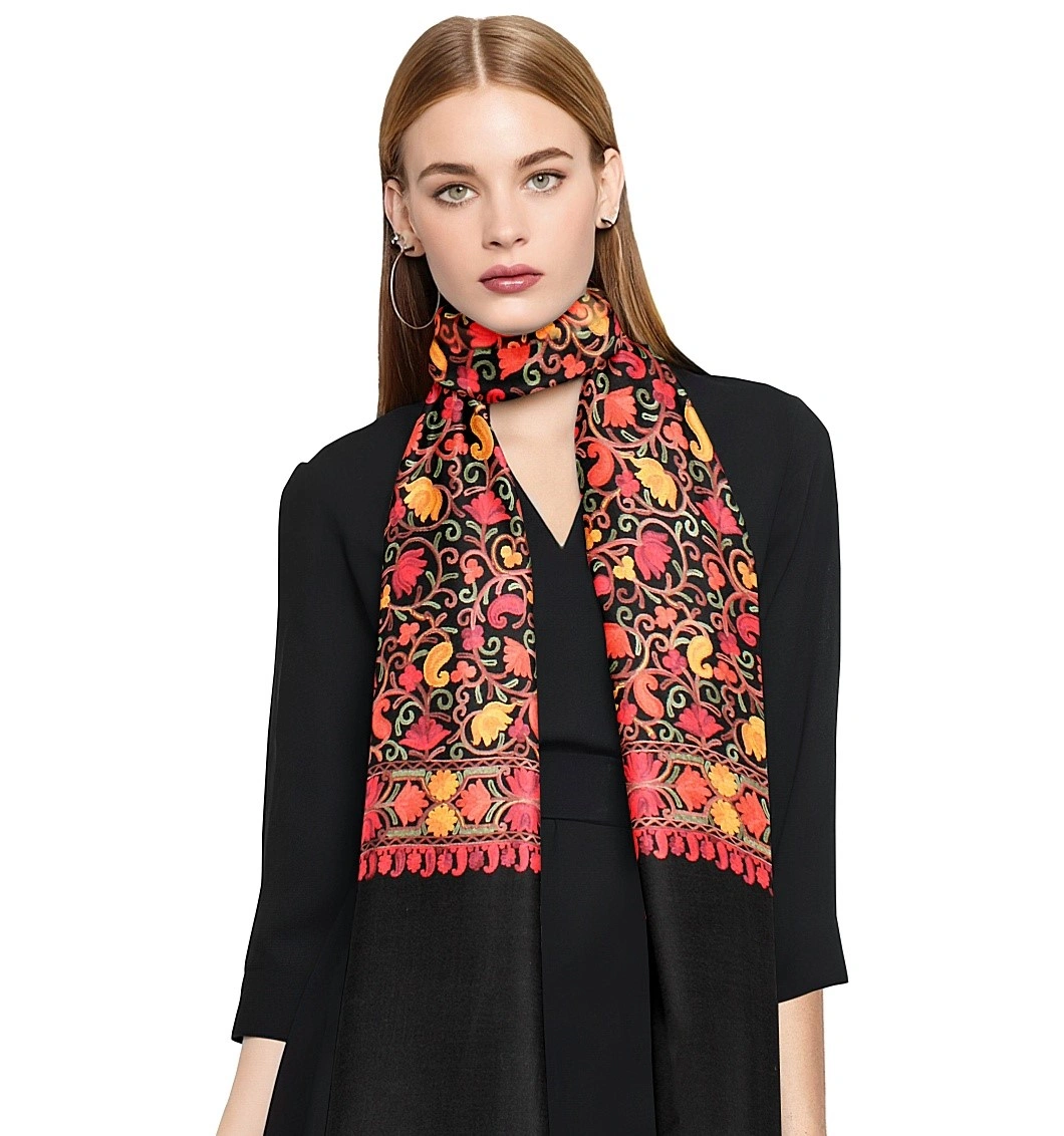 CASMIR  Women Black &amp; Green Embroidered STOLE (S903)-BLACK-2