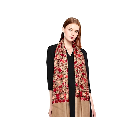 CASMIR Women BEIGE &amp; RED, Green Embroidered STOLE (S903)-S903-BEIGE