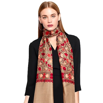 CASMIR Women BEIGE &amp; RED, Green Embroidered STOLE (S903)-BEIGE-4