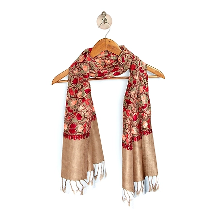 CASMIR Women BEIGE &amp; RED, Green Embroidered STOLE (S903)-BEIGE-5