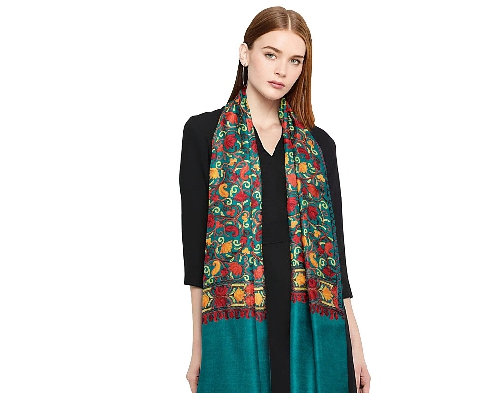 CASMIR Women FIROZI &amp; RED,Green Embroidered STOLE (S903)-SEA GREEN-3