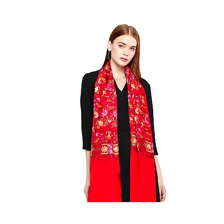 CASMIR Women RED &amp; RED, Green Embroidered STOLE (S903)-S903-RED