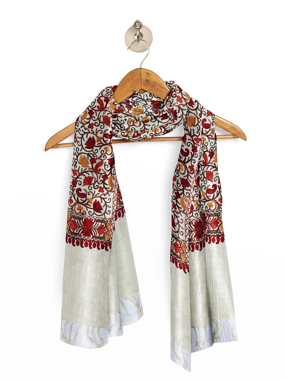 CASMIR Women CREAM &amp; RED, Green Embroidered STOLE (S903)-CREAM-5