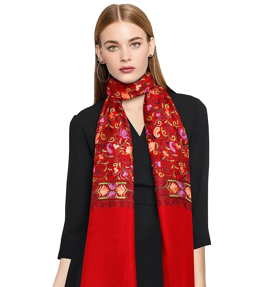 CASMIR Women MAROON &amp; RED,  Green Embroidered STOLE (S903)-S903-MAROON