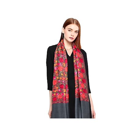 CASMIR Women GREY &amp; RED ,Green Embroidered STOLE (S904)-S904-GREY