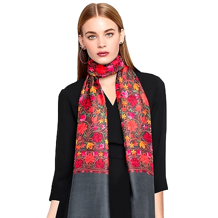 CASMIR Women GREY &amp; RED ,Green Embroidered STOLE (S904)-GREY-4