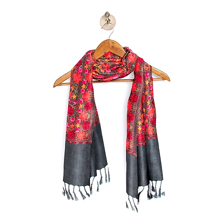 CASMIR Women GREY &amp; RED ,Green Embroidered STOLE (S904)-GREY-5