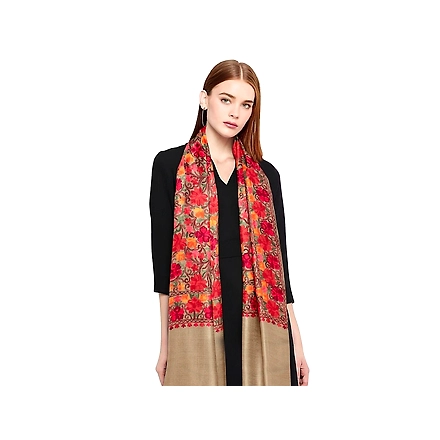 CASMIR Women BEIGE &amp; RED, Green Embroidered STOLE (S904)-S904-BEIGE