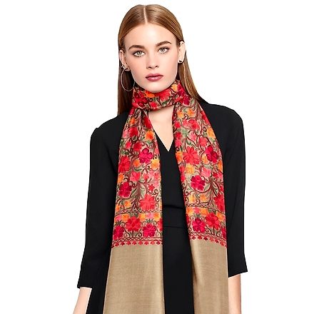CASMIR Women BEIGE &amp; RED, Green Embroidered STOLE (S904)-BEIGE-4