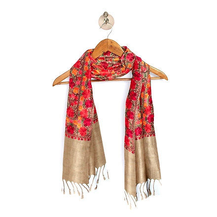 CASMIR Women BEIGE &amp; RED, Green Embroidered STOLE (S904)-BEIGE-5