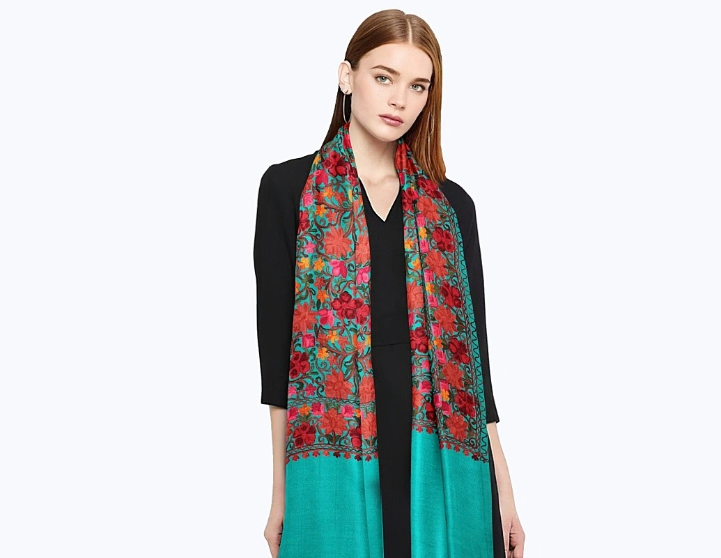 CASMIR Women FIROZI &amp; RED,Green Embroidered STOLE (S904)-S904-SEAGREEN