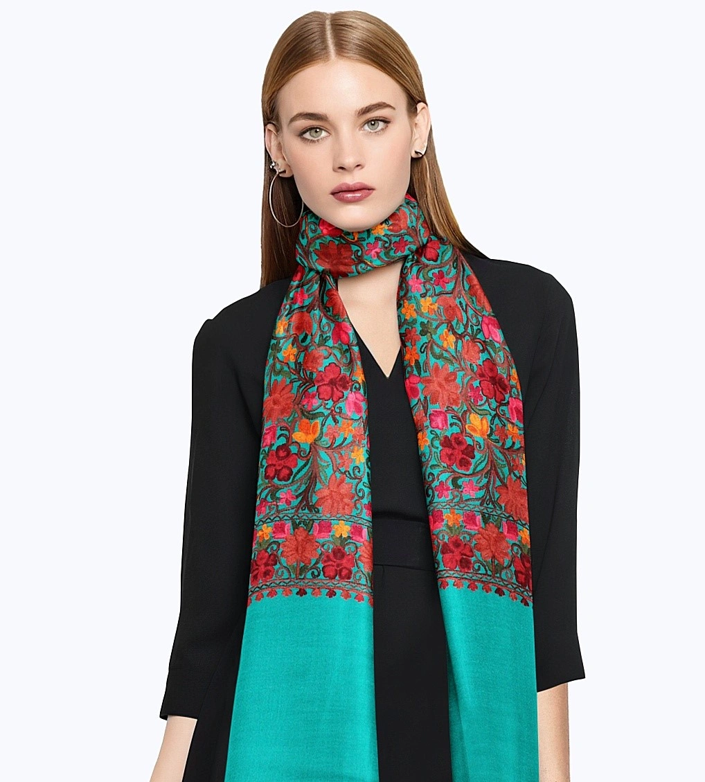 CASMIR Women FIROZI &amp; RED,Green Embroidered STOLE (S904)-SEA GREEN-2