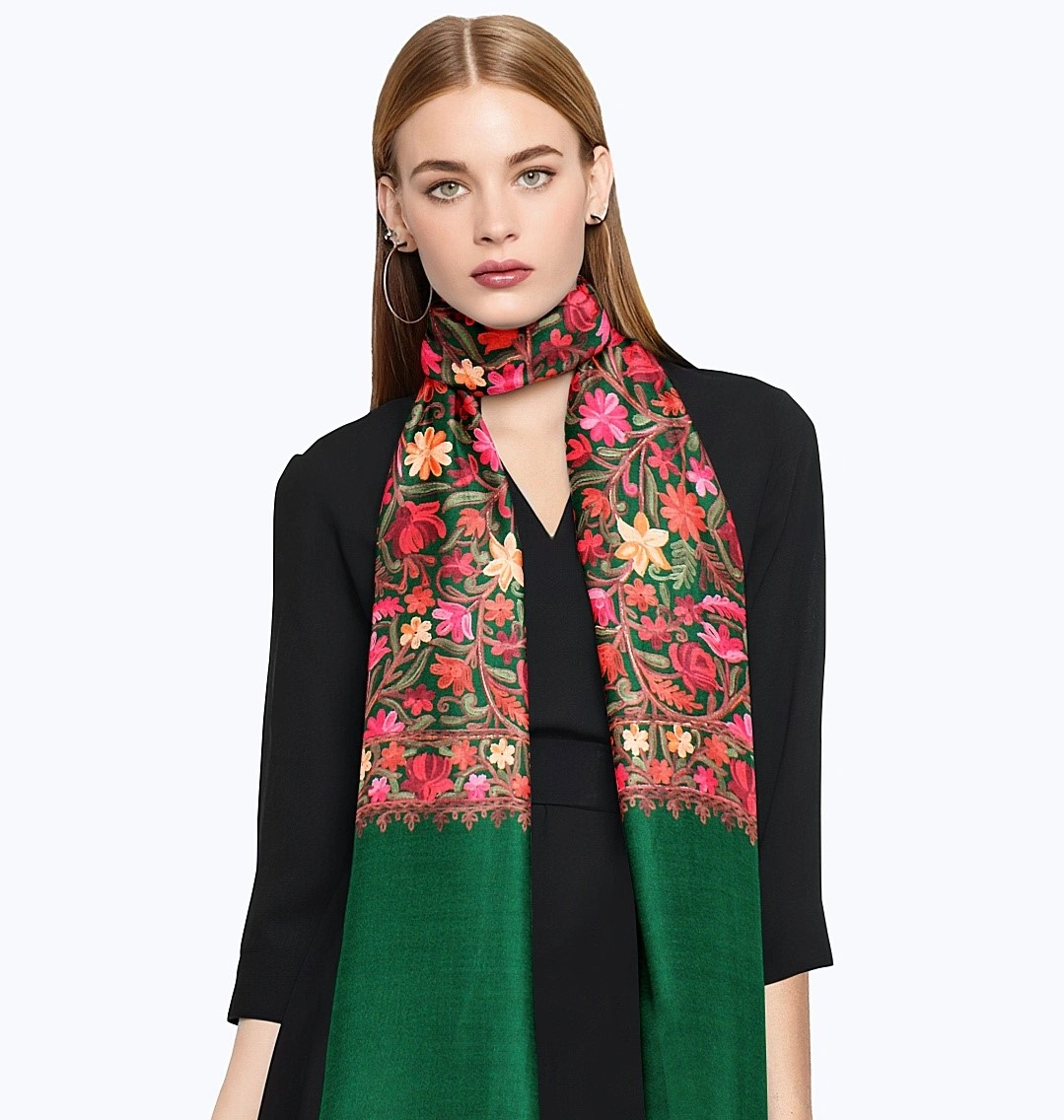 CASMIR Women GREEN &amp; RED, Green Embroidered Stole (S905)-S905-GREEN