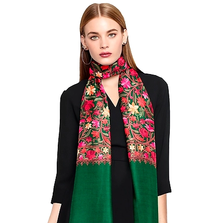 CASMIR Women GREEN &amp; RED, Green Embroidered Stole (S905)-S905-GREEN