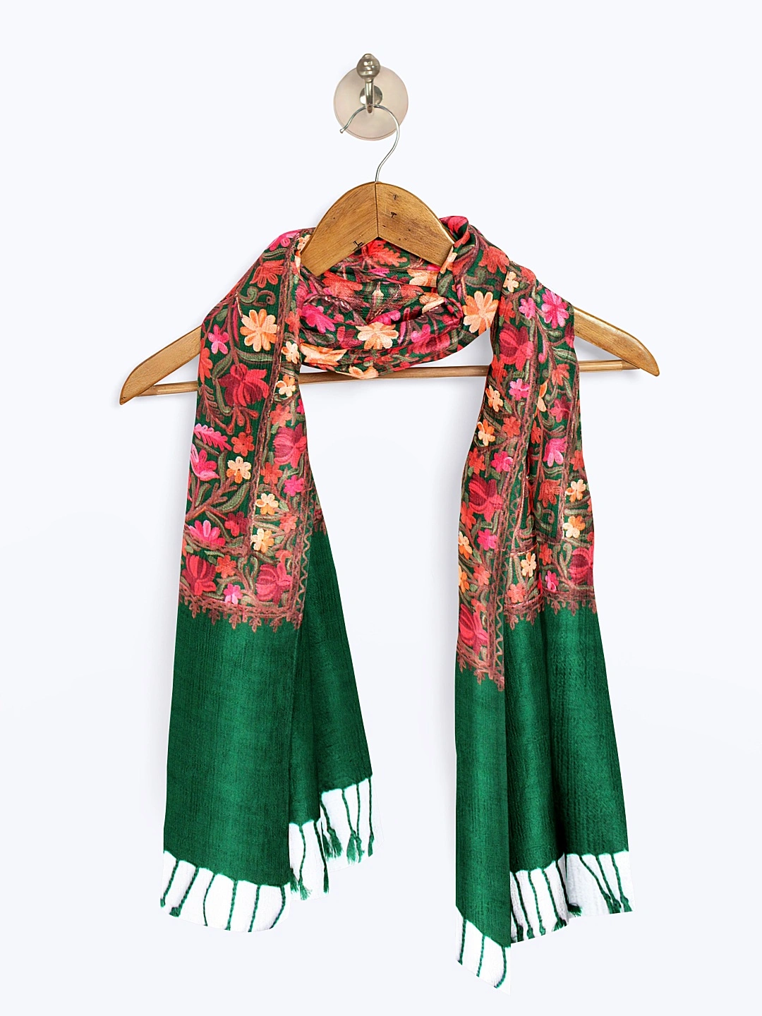 CASMIR Women GREEN &amp; RED, Green Embroidered Stole (S905)-GREEN-5