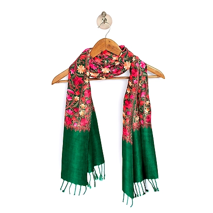 CASMIR Women GREEN &amp; RED, Green Embroidered Stole (S905)-GREEN-5