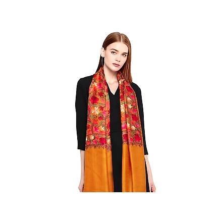 CASMIR Women MUSTARD &amp; RED,  Green Embroidered STOLE (S905)-MUSTARD-4
