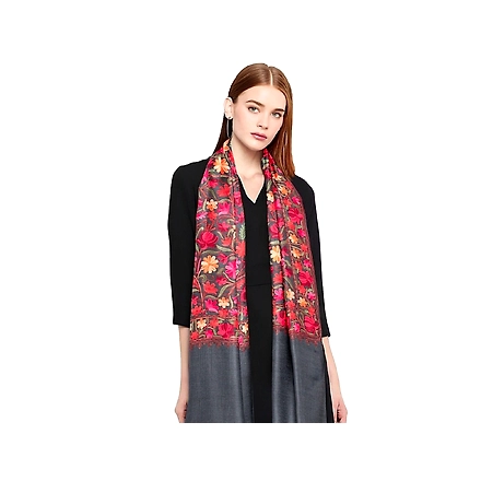 CASMIR Women GREY &amp; RED ,Green Embroidered STOLE (S905)-GREY-3