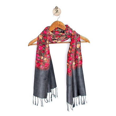 CASMIR Women GREY &amp; RED ,Green Embroidered STOLE (S905)-GREY-4