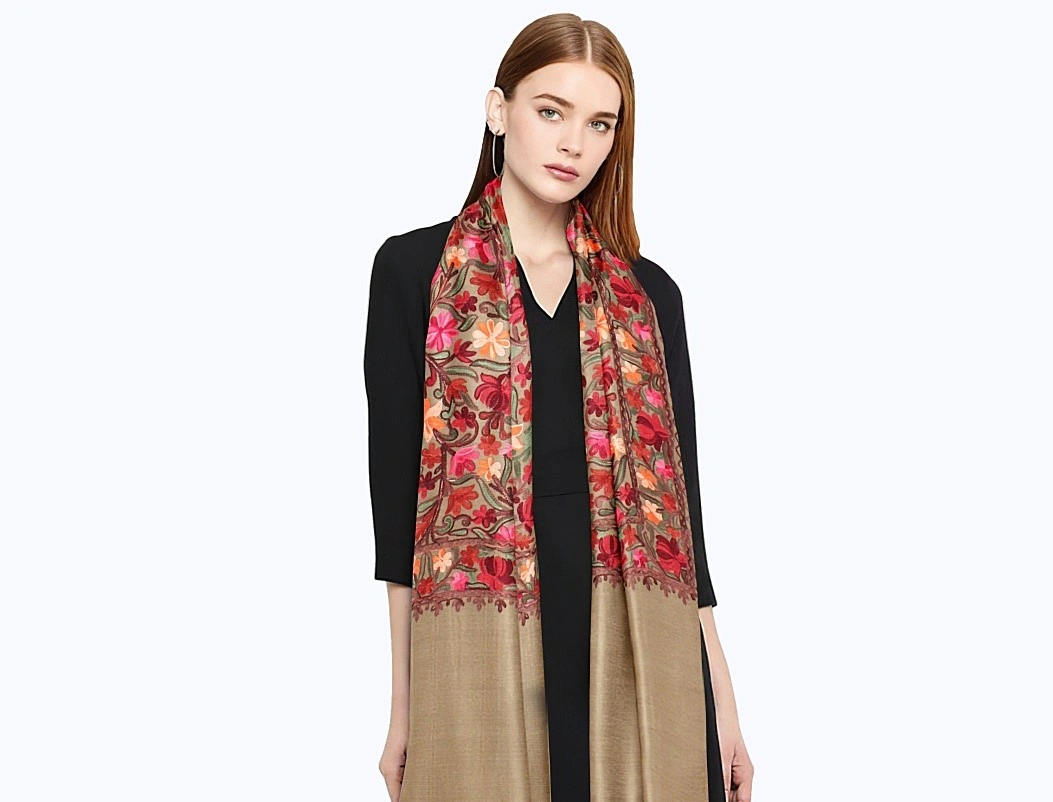 CASMIR Women BEIGE &amp; RED, Green Embroidered STOLE (S905)-S905-BEIGE