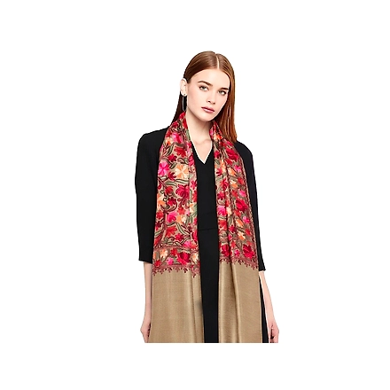 CASMIR Women BEIGE &amp; RED, Green Embroidered STOLE (S905)-S905-BEIGE
