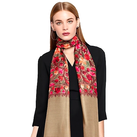 CASMIR Women BEIGE &amp; RED, Green Embroidered STOLE (S905)-BEIGE-3