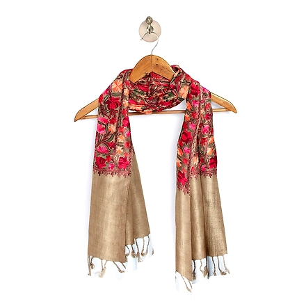 CASMIR Women BEIGE &amp; RED, Green Embroidered STOLE (S905)-BEIGE-4