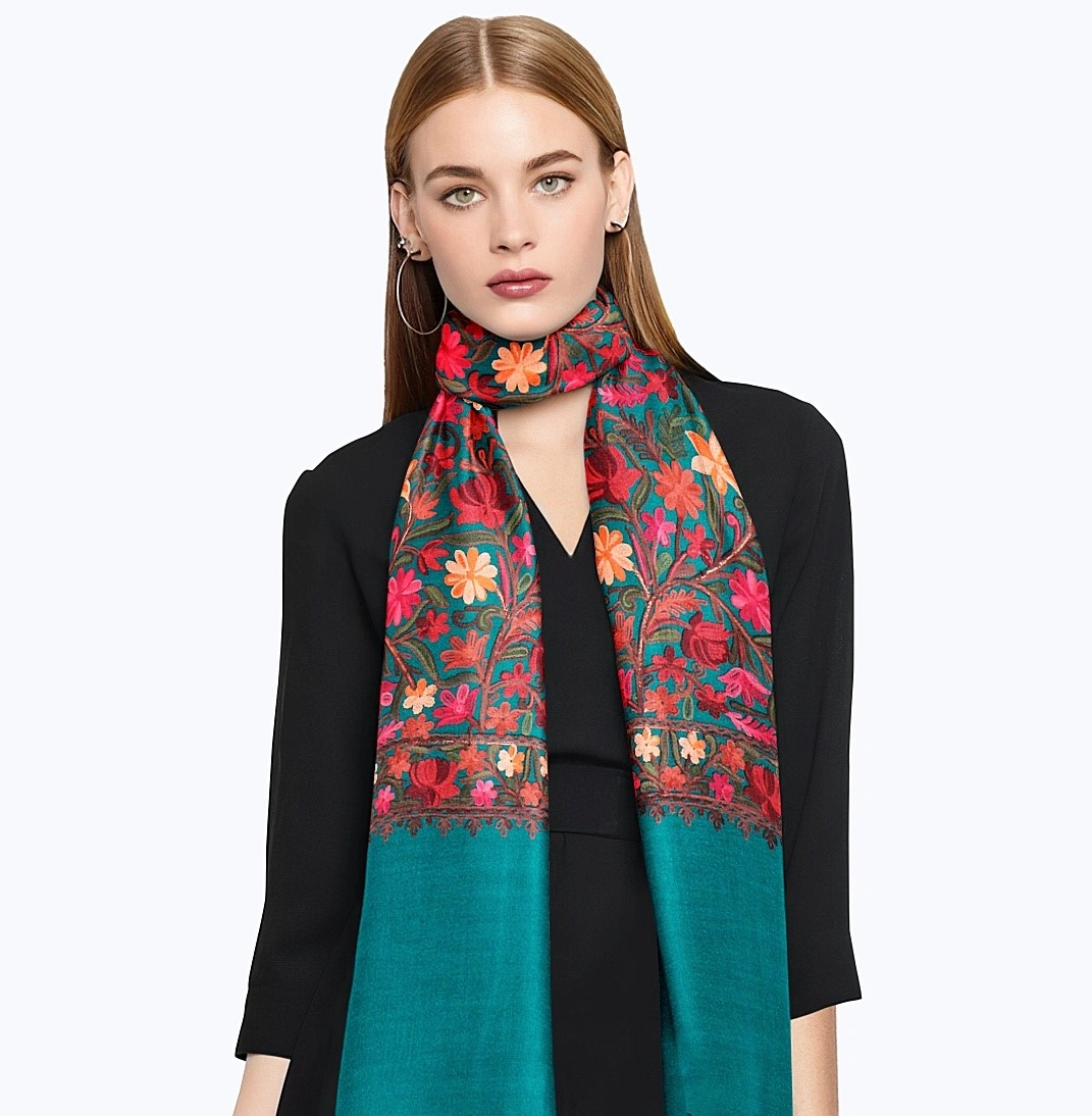 CASMIR Women FIROZI &amp; RED,Green Embroidered STOLE (S905)-S905-SEAGREEN