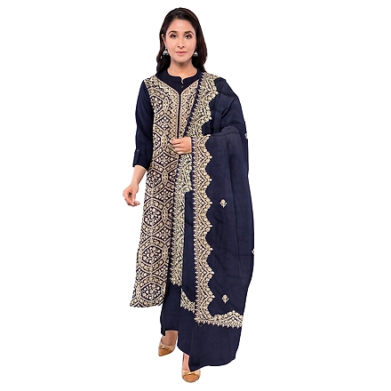 CASMIR WOMEN NAVY ZARI EMBROIDERY PASHMINA STOLE Combine UNSTITCHED SUIT &amp; SALWAR (sara101)-SARA101-NAVY