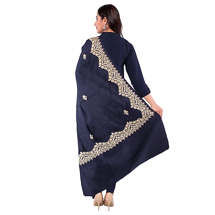 CASMIR WOMEN NAVY ZARI EMBROIDERY PASHMINA STOLE Combine UNSTITCHED SUIT &amp; SALWAR (sara101)-NAVY-1
