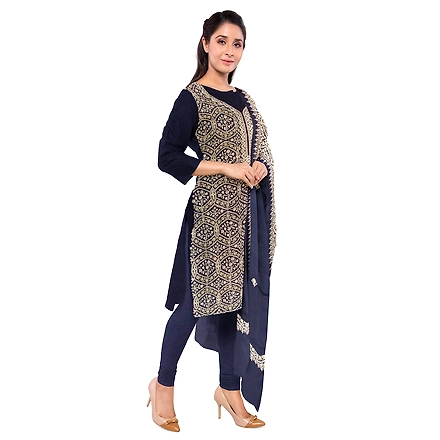 CASMIR WOMEN NAVY ZARI EMBROIDERY PASHMINA STOLE Combine UNSTITCHED SUIT &amp; SALWAR (sara101)-NAVY-3