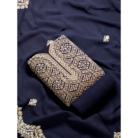 CASMIR WOMEN NAVY ZARI EMBROIDERY PASHMINA STOLE Combine UNSTITCHED SUIT &amp; SALWAR (sara101)-NAVY-4