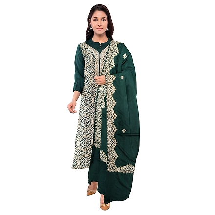 CASMIR WOMEN GREEN ZARI EMBROIDERY PASHMINA STOLE Combine UNSTITCHED SUIT &amp; SALWAR (sara101)-SARA101-B-GREEN
