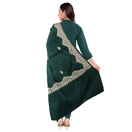 CASMIR WOMEN GREEN ZARI EMBROIDERY PASHMINA STOLE Combine UNSTITCHED SUIT &amp; SALWAR (sara101)-GREEN-1