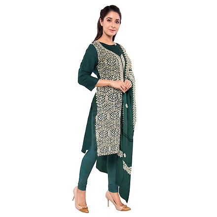 CASMIR WOMEN GREEN ZARI EMBROIDERY PASHMINA STOLE Combine UNSTITCHED SUIT &amp; SALWAR (sara101)-GREEN-3