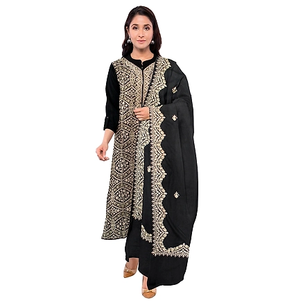CASMIR WOMEN BLACK  ZARI EMBROIDERY PASHMINA STOLE Combine UNSTITCHED SUIT &amp; SALWAR (sara101)-SARA101-BLACK