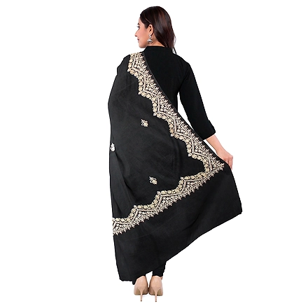 CASMIR WOMEN BLACK  ZARI EMBROIDERY PASHMINA STOLE Combine UNSTITCHED SUIT &amp; SALWAR (sara101)-BLACK-1