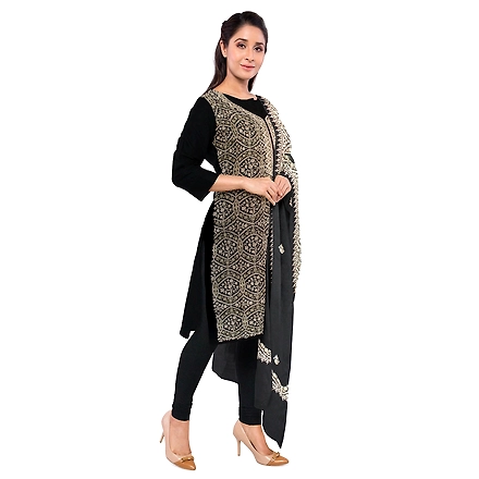 CASMIR WOMEN BLACK  ZARI EMBROIDERY PASHMINA STOLE Combine UNSTITCHED SUIT &amp; SALWAR (sara101)-BLACK-3