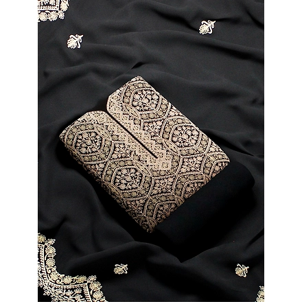 CASMIR WOMEN BLACK  ZARI EMBROIDERY PASHMINA STOLE Combine UNSTITCHED SUIT &amp; SALWAR (sara101)-BLACK-4