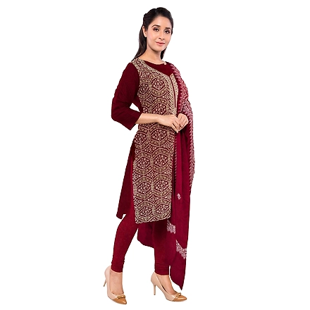 CASMIR WOMEN MAROON ZARI EMBROIDERY PASHMINA STOLE Combine UNSTITCHED SUIT &amp; SALWAR (sara101)-MAROON-3