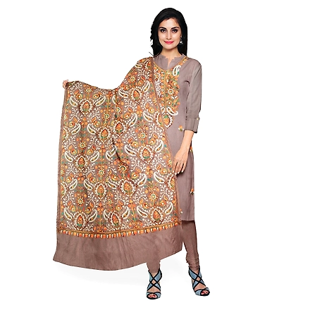 CASMIR WOMEN BEIGE ZARI EMBROIDERY PASHMINA STOLE Combine UNSTITCHED SUIT &amp; SALWAR (NAAZ101)-NAAZ101-BEIGE