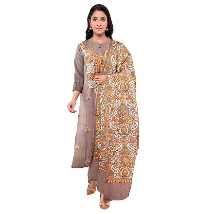 CASMIR WOMEN BEIGE ZARI EMBROIDERY PASHMINA STOLE Combine UNSTITCHED SUIT &amp; SALWAR (NAAZ101)-BEIGE-2