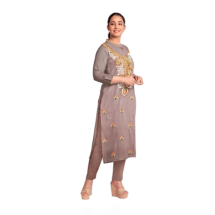 CASMIR WOMEN BEIGE ZARI EMBROIDERY PASHMINA STOLE Combine UNSTITCHED SUIT &amp; SALWAR (NAAZ101)-BEIGE-3