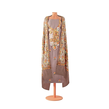 CASMIR WOMEN BEIGE ZARI EMBROIDERY PASHMINA STOLE Combine UNSTITCHED SUIT &amp; SALWAR (NAAZ101)-BEIGE-5