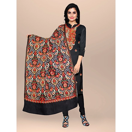 CASMIR WOMEN BLACK  ZARI EMBROIDERY PASHMINA STOLE Combine UNSTITCHED SUIT &amp; SALWAR (NAAZ101)-NAAZ101-BLACK