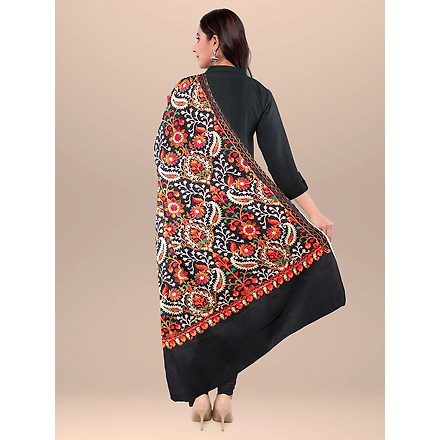 CASMIR WOMEN BLACK  ZARI EMBROIDERY PASHMINA STOLE Combine UNSTITCHED SUIT &amp; SALWAR (NAAZ101)-BLACK-1