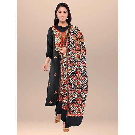 CASMIR WOMEN BLACK  ZARI EMBROIDERY PASHMINA STOLE Combine UNSTITCHED SUIT &amp; SALWAR (NAAZ101)-BLACK-2